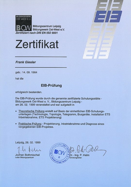 EIB-Zertifikat von Elektro Giesler Wildetaube